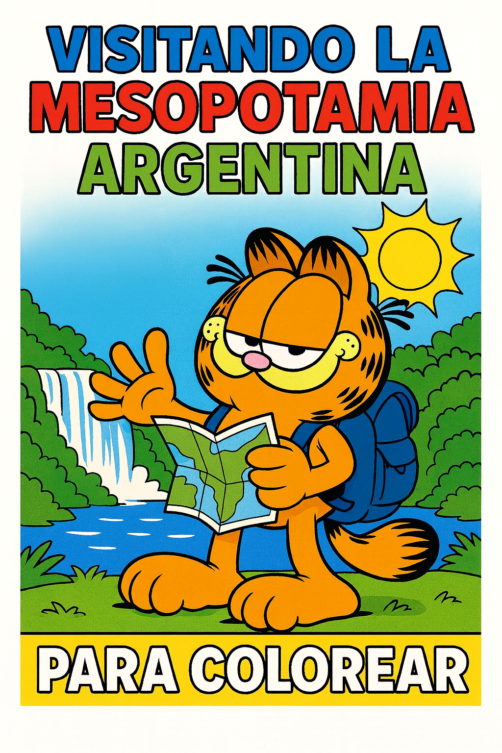 Portada: Visitando la Mesopotamia Argentina con Garfield - Libro para colorear con Garfield explorando cataratas y selvas