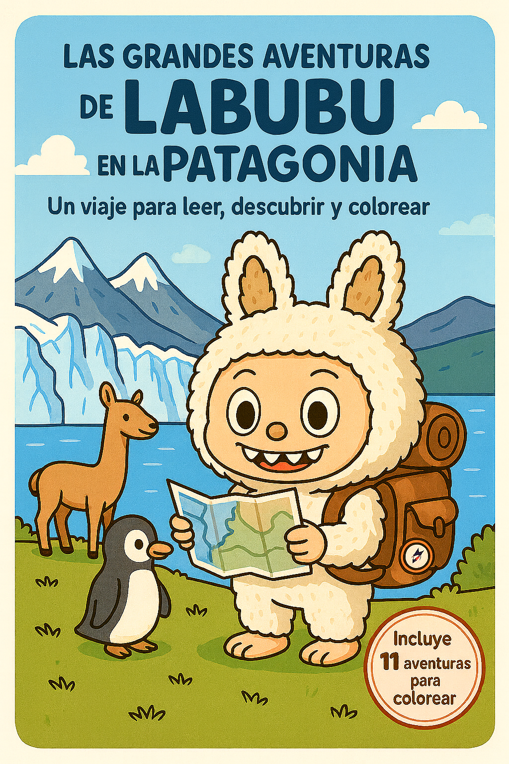 Portada: Las Grandes Aventuras de Labubu en la Patagonia - Libro educativo con pingüinos y llamas en montañas nevadas