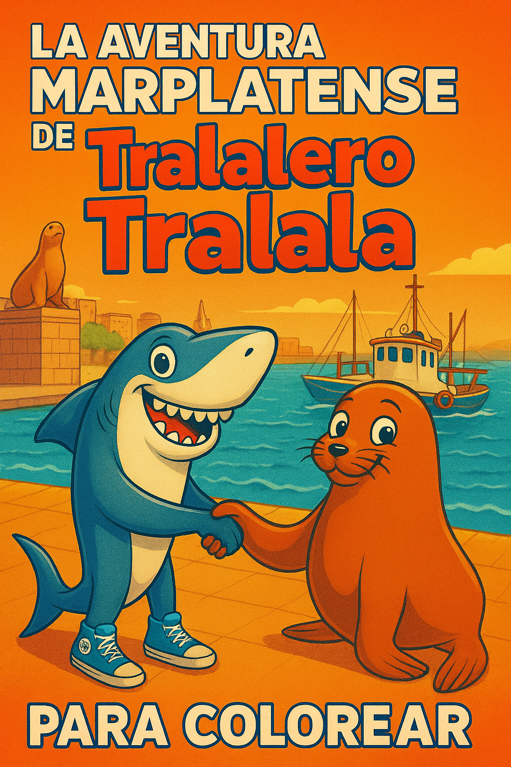 Portada: La Aventura Marplatense de Tralalero Tralala - Libro para colorear con tiburón y león marino en la playa